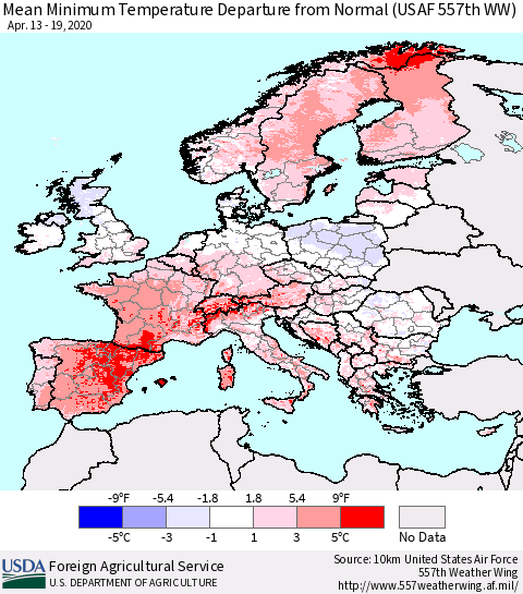 Europe Mean Minimum Temperature Departure from Normal (USAF 557th WW) Thematic Map For 4/13/2020 - 4/19/2020