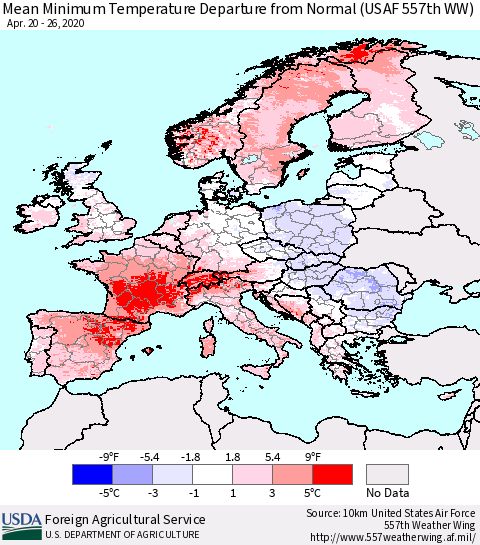 Europe Mean Minimum Temperature Departure from Normal (USAF 557th WW) Thematic Map For 4/20/2020 - 4/26/2020
