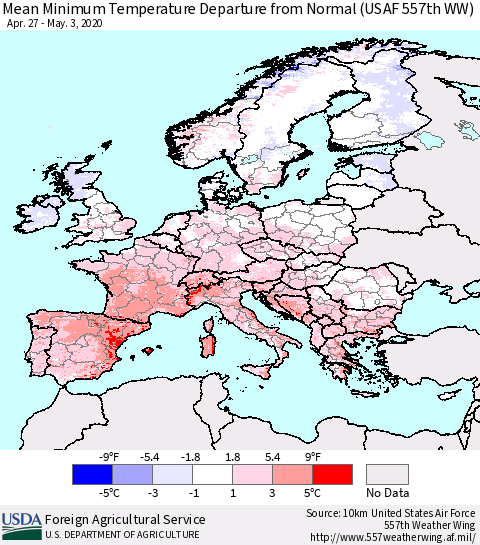 Europe Mean Minimum Temperature Departure from Normal (USAF 557th WW) Thematic Map For 4/27/2020 - 5/3/2020
