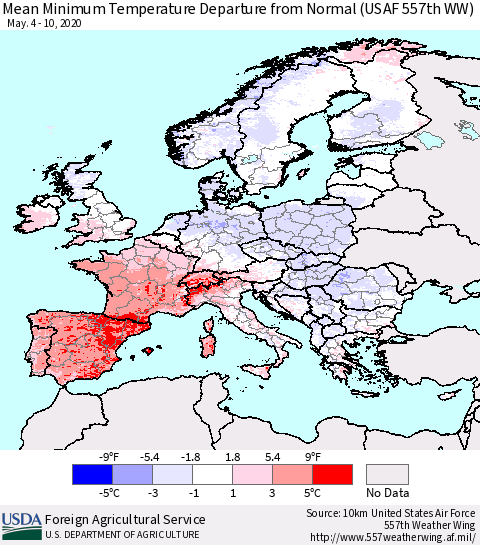 Europe Mean Minimum Temperature Departure from Normal (USAF 557th WW) Thematic Map For 5/4/2020 - 5/10/2020
