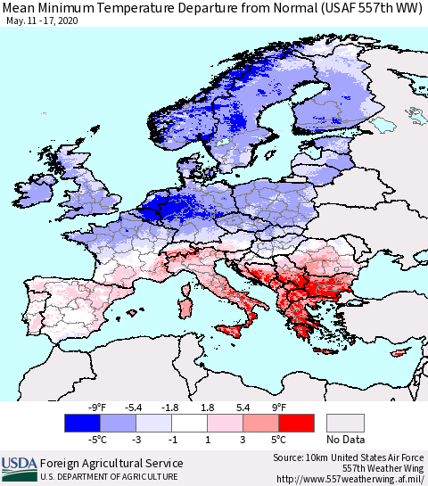 Europe Mean Minimum Temperature Departure from Normal (USAF 557th WW) Thematic Map For 5/11/2020 - 5/17/2020