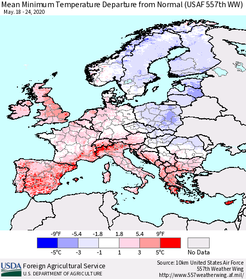 Europe Mean Minimum Temperature Departure from Normal (USAF 557th WW) Thematic Map For 5/18/2020 - 5/24/2020