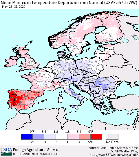 Europe Mean Minimum Temperature Departure from Normal (USAF 557th WW) Thematic Map For 5/25/2020 - 5/31/2020