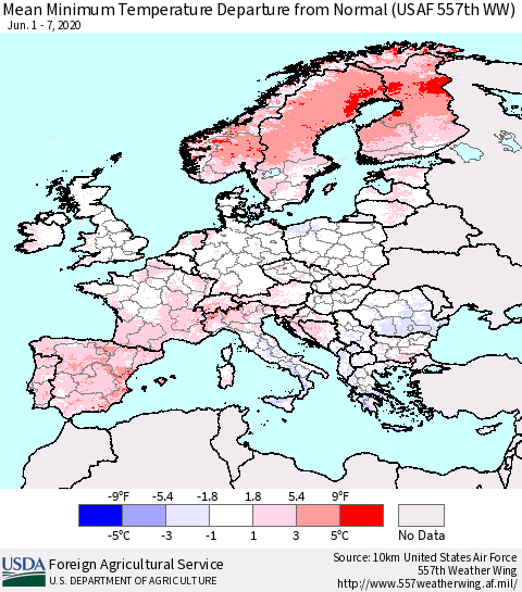 Europe Mean Minimum Temperature Departure from Normal (USAF 557th WW) Thematic Map For 6/1/2020 - 6/7/2020