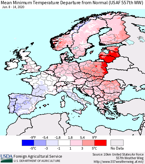 Europe Mean Minimum Temperature Departure from Normal (USAF 557th WW) Thematic Map For 6/8/2020 - 6/14/2020