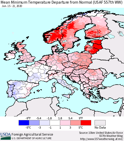 Europe Mean Minimum Temperature Departure from Normal (USAF 557th WW) Thematic Map For 6/15/2020 - 6/21/2020