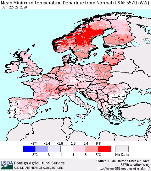 Europe Mean Minimum Temperature Departure from Normal (USAF 557th WW) Thematic Map For 6/22/2020 - 6/28/2020