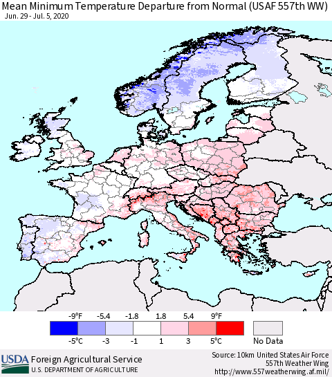 Europe Mean Minimum Temperature Departure from Normal (USAF 557th WW) Thematic Map For 6/29/2020 - 7/5/2020