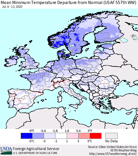 Europe Mean Minimum Temperature Departure from Normal (USAF 557th WW) Thematic Map For 7/6/2020 - 7/12/2020
