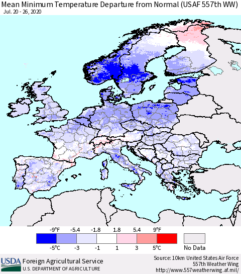 Europe Mean Minimum Temperature Departure from Normal (USAF 557th WW) Thematic Map For 7/20/2020 - 7/26/2020