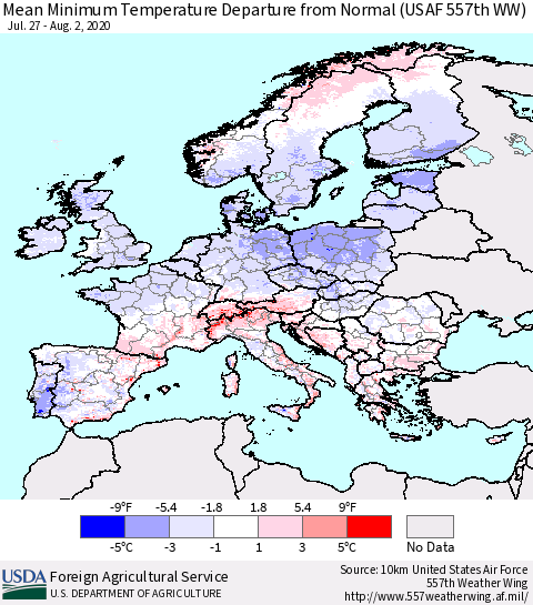 Europe Mean Minimum Temperature Departure from Normal (USAF 557th WW) Thematic Map For 7/27/2020 - 8/2/2020