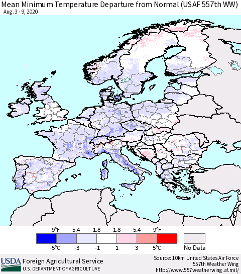 Europe Mean Minimum Temperature Departure from Normal (USAF 557th WW) Thematic Map For 8/3/2020 - 8/9/2020
