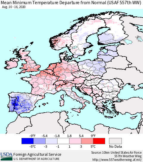 Europe Mean Minimum Temperature Departure from Normal (USAF 557th WW) Thematic Map For 8/10/2020 - 8/16/2020