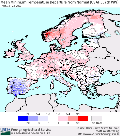 Europe Mean Minimum Temperature Departure from Normal (USAF 557th WW) Thematic Map For 8/17/2020 - 8/23/2020