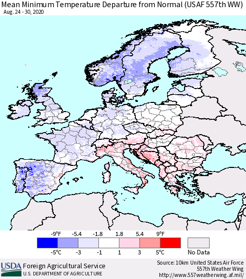 Europe Mean Minimum Temperature Departure from Normal (USAF 557th WW) Thematic Map For 8/24/2020 - 8/30/2020