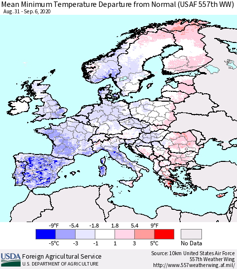 Europe Mean Minimum Temperature Departure from Normal (USAF 557th WW) Thematic Map For 8/31/2020 - 9/6/2020