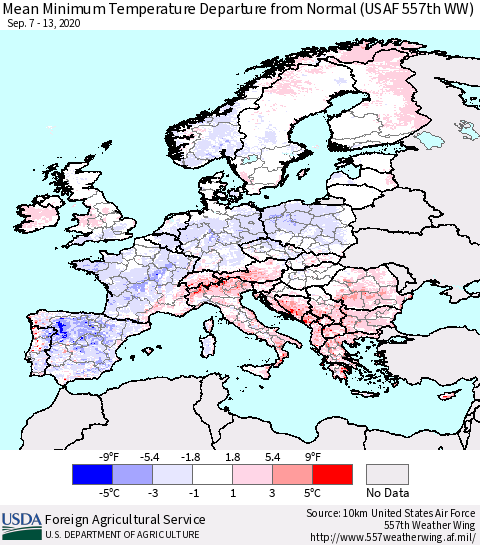 Europe Mean Minimum Temperature Departure from Normal (USAF 557th WW) Thematic Map For 9/7/2020 - 9/13/2020