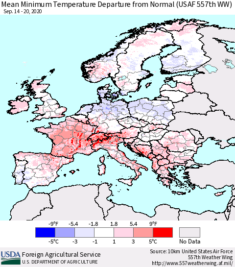Europe Mean Minimum Temperature Departure from Normal (USAF 557th WW) Thematic Map For 9/14/2020 - 9/20/2020