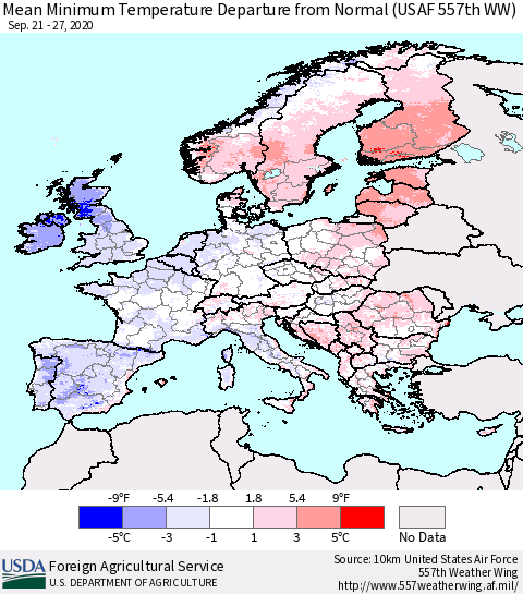 Europe Mean Minimum Temperature Departure from Normal (USAF 557th WW) Thematic Map For 9/21/2020 - 9/27/2020