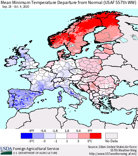 Europe Mean Minimum Temperature Departure from Normal (USAF 557th WW) Thematic Map For 9/28/2020 - 10/4/2020