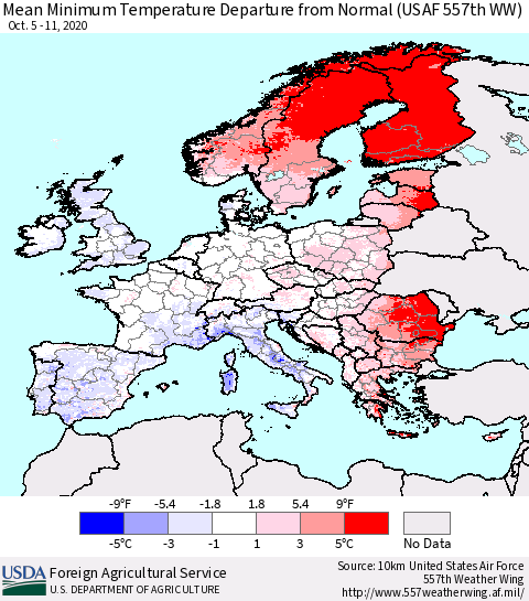 Europe Mean Minimum Temperature Departure from Normal (USAF 557th WW) Thematic Map For 10/5/2020 - 10/11/2020