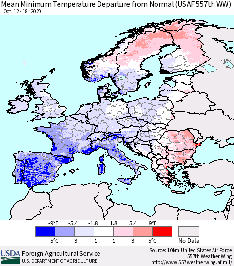 Europe Mean Minimum Temperature Departure from Normal (USAF 557th WW) Thematic Map For 10/12/2020 - 10/18/2020