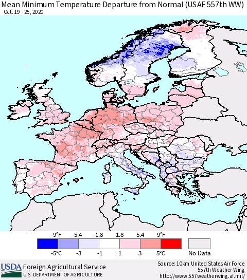 Europe Mean Minimum Temperature Departure from Normal (USAF 557th WW) Thematic Map For 10/19/2020 - 10/25/2020