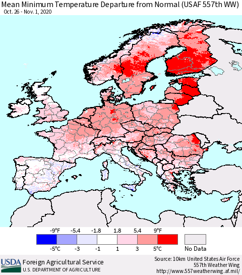 Europe Mean Minimum Temperature Departure from Normal (USAF 557th WW) Thematic Map For 10/26/2020 - 11/1/2020