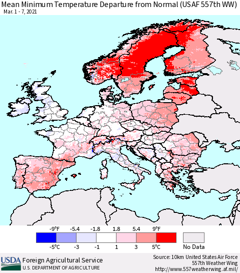 Europe Mean Minimum Temperature Departure from Normal (USAF 557th WW) Thematic Map For 3/1/2021 - 3/7/2021