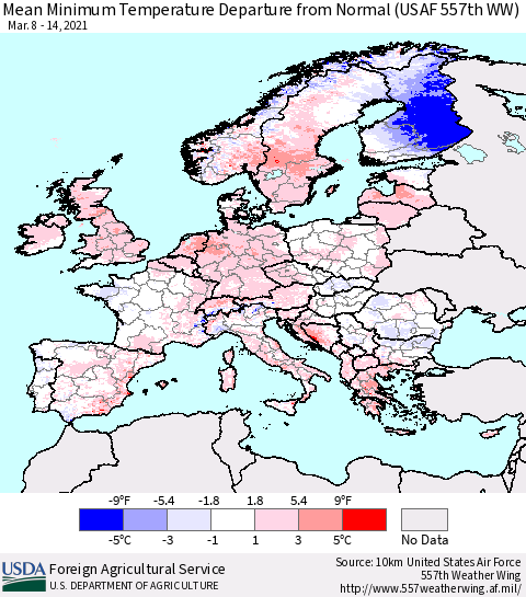 Europe Mean Minimum Temperature Departure from Normal (USAF 557th WW) Thematic Map For 3/8/2021 - 3/14/2021