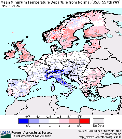 Europe Mean Minimum Temperature Departure from Normal (USAF 557th WW) Thematic Map For 3/15/2021 - 3/21/2021