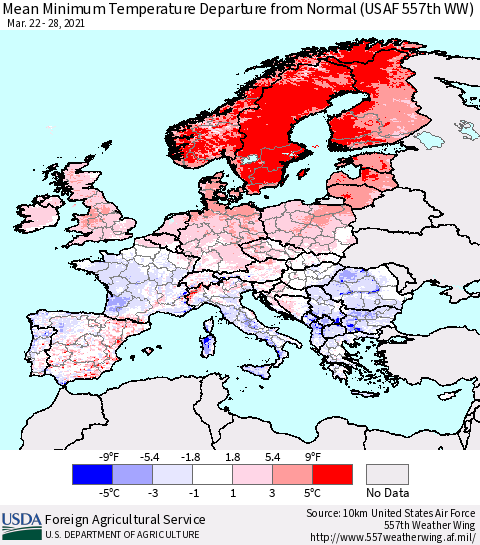 Europe Mean Minimum Temperature Departure from Normal (USAF 557th WW) Thematic Map For 3/22/2021 - 3/28/2021