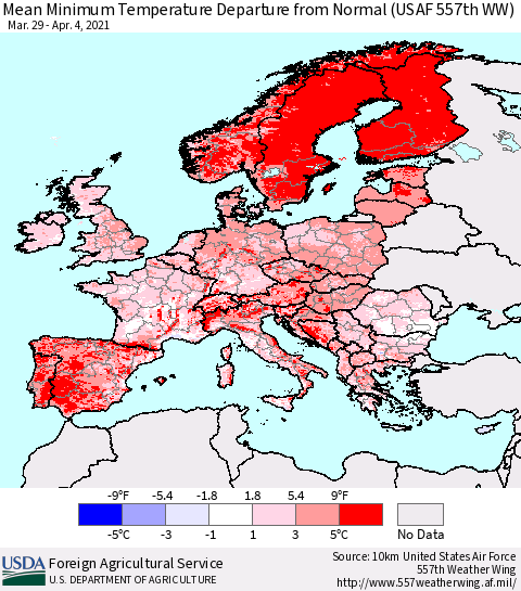 Europe Mean Minimum Temperature Departure from Normal (USAF 557th WW) Thematic Map For 3/29/2021 - 4/4/2021