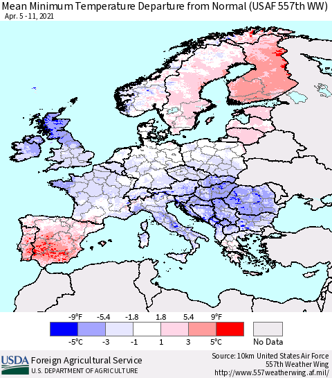 Europe Mean Minimum Temperature Departure from Normal (USAF 557th WW) Thematic Map For 4/5/2021 - 4/11/2021