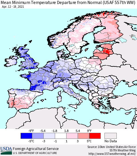 Europe Mean Minimum Temperature Departure from Normal (USAF 557th WW) Thematic Map For 4/12/2021 - 4/18/2021