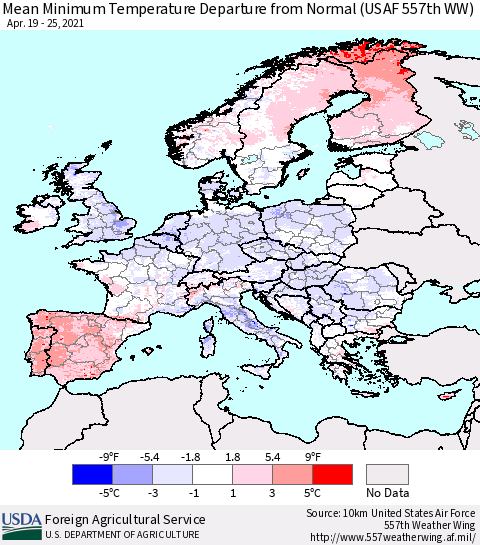 Europe Mean Minimum Temperature Departure from Normal (USAF 557th WW) Thematic Map For 4/19/2021 - 4/25/2021