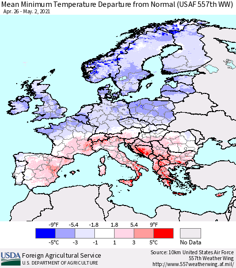 Europe Mean Minimum Temperature Departure from Normal (USAF 557th WW) Thematic Map For 4/26/2021 - 5/2/2021