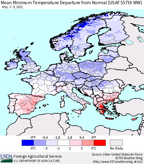 Europe Mean Minimum Temperature Departure from Normal (USAF 557th WW) Thematic Map For 5/3/2021 - 5/9/2021