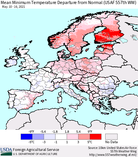 Europe Mean Minimum Temperature Departure from Normal (USAF 557th WW) Thematic Map For 5/10/2021 - 5/16/2021