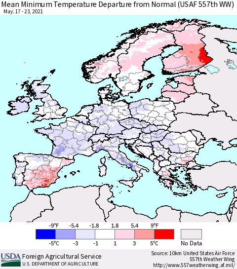 Europe Mean Minimum Temperature Departure from Normal (USAF 557th WW) Thematic Map For 5/17/2021 - 5/23/2021