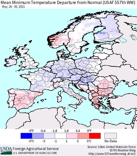Europe Mean Minimum Temperature Departure from Normal (USAF 557th WW) Thematic Map For 5/24/2021 - 5/30/2021