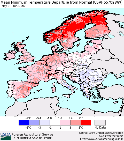 Europe Mean Minimum Temperature Departure from Normal (USAF 557th WW) Thematic Map For 5/31/2021 - 6/6/2021