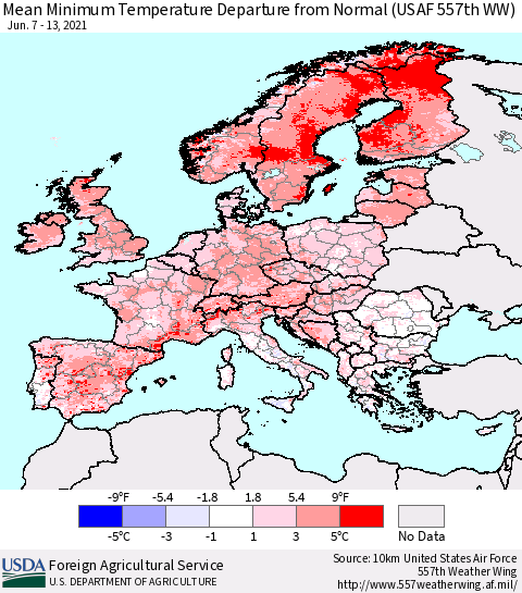 Europe Mean Minimum Temperature Departure from Normal (USAF 557th WW) Thematic Map For 6/7/2021 - 6/13/2021