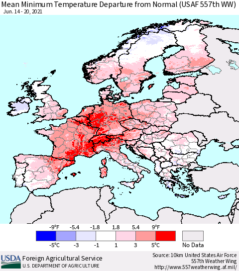 Europe Mean Minimum Temperature Departure from Normal (USAF 557th WW) Thematic Map For 6/14/2021 - 6/20/2021