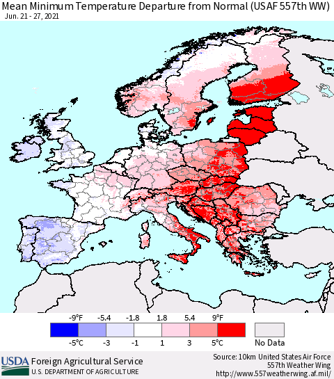 Europe Mean Minimum Temperature Departure from Normal (USAF 557th WW) Thematic Map For 6/21/2021 - 6/27/2021
