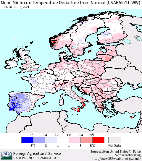 Europe Mean Minimum Temperature Departure from Normal (USAF 557th WW) Thematic Map For 6/28/2021 - 7/4/2021