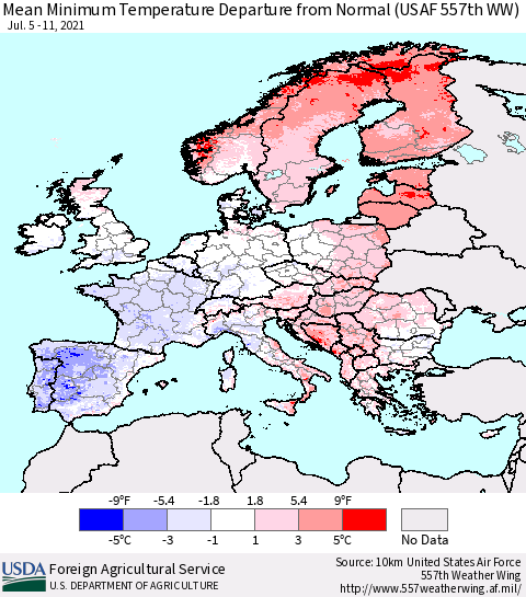 Europe Mean Minimum Temperature Departure from Normal (USAF 557th WW) Thematic Map For 7/5/2021 - 7/11/2021