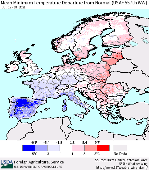 Europe Mean Minimum Temperature Departure from Normal (USAF 557th WW) Thematic Map For 7/12/2021 - 7/18/2021