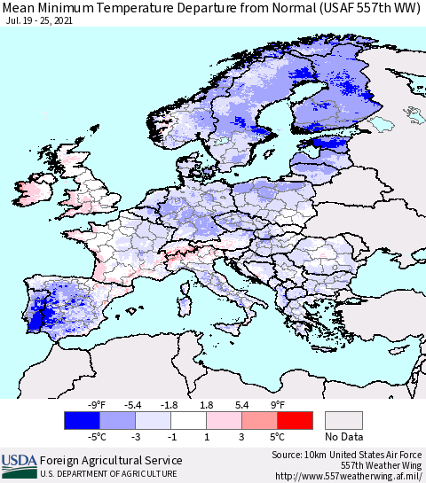Europe Mean Minimum Temperature Departure from Normal (USAF 557th WW) Thematic Map For 7/19/2021 - 7/25/2021