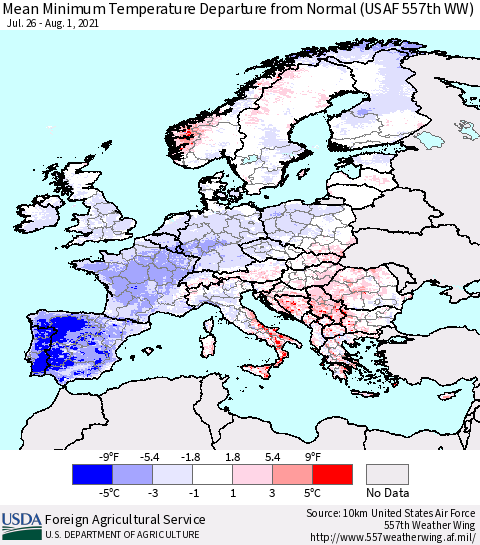 Europe Mean Minimum Temperature Departure from Normal (USAF 557th WW) Thematic Map For 7/26/2021 - 8/1/2021